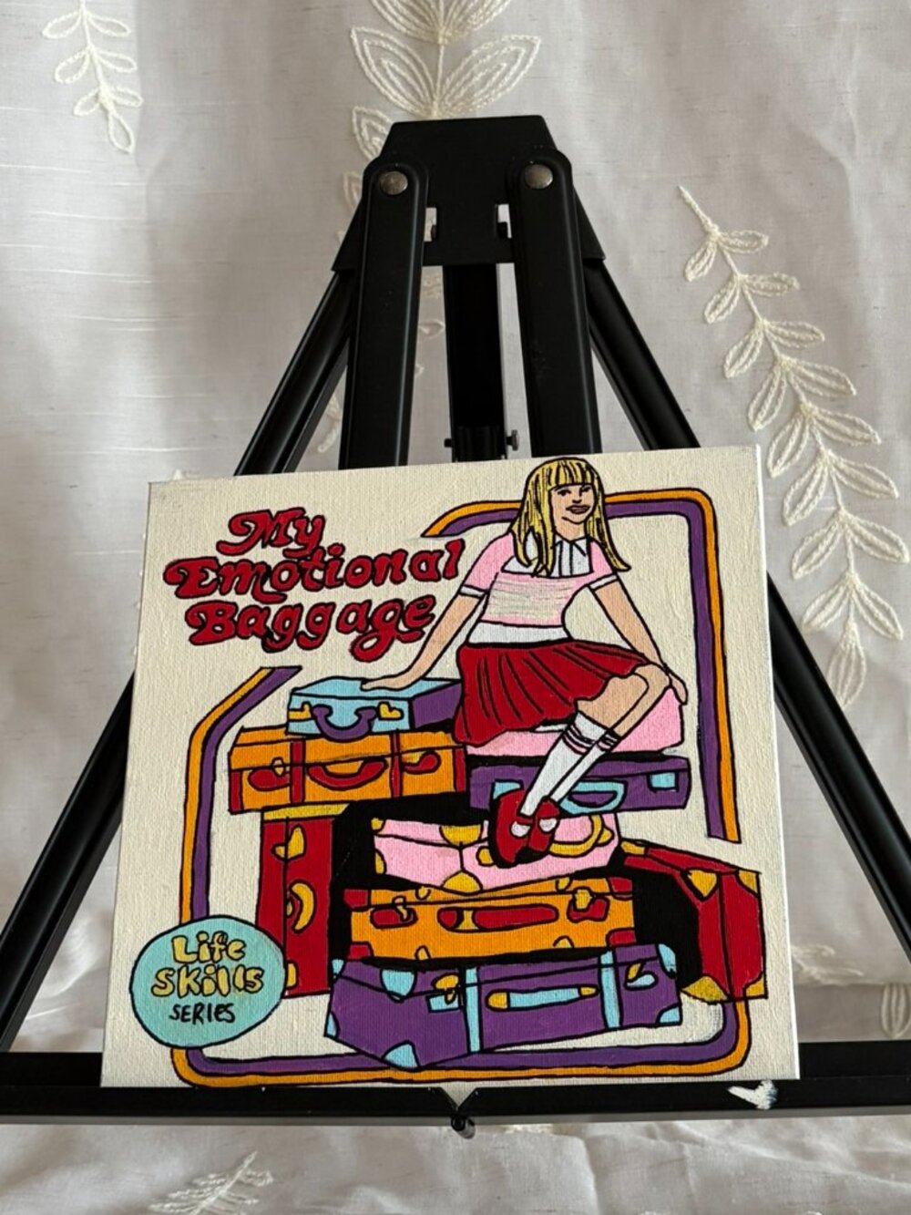 Hand Painted My Emotional Baggage Retro Suitcase Canvas 8x8